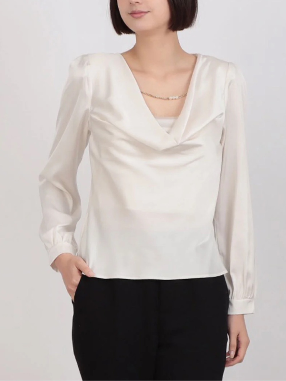 Ivory Satin Cowl Neck Blouse with Pearl Chain Detail Long Sleeve Top 1X44RD43